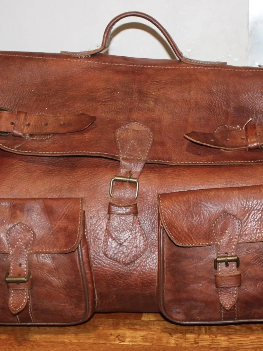 Vintage Handmade Large Saddle Travel Luggge Duffle Bag Weekender Carry on